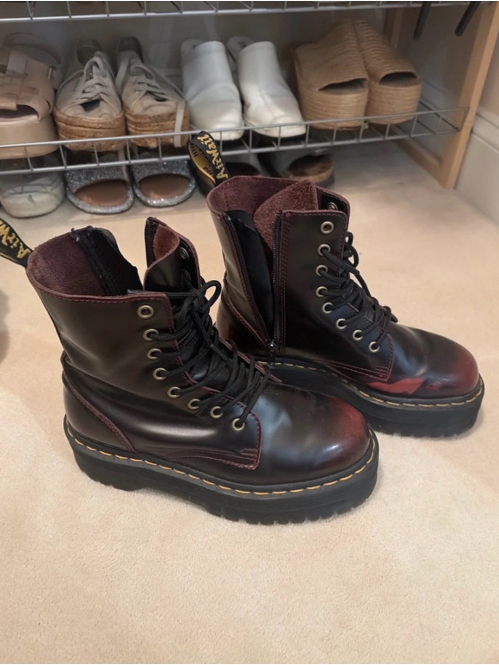 Dr. Martens Black and Burgundy Leather Lace-Up Combat Boots - Picture 2 of 5